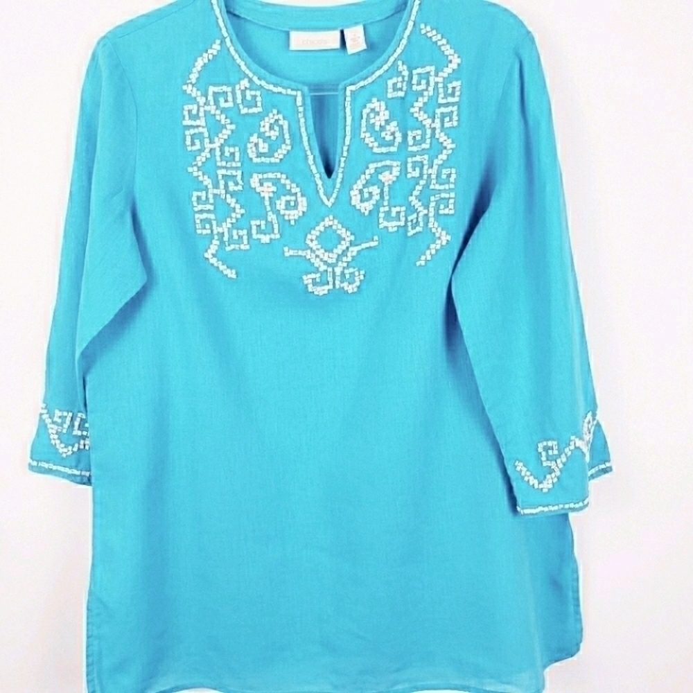 CHICO'S Turquoise Linen Cotton V-Neck White‎ Beaded Tunic Top Size 1
